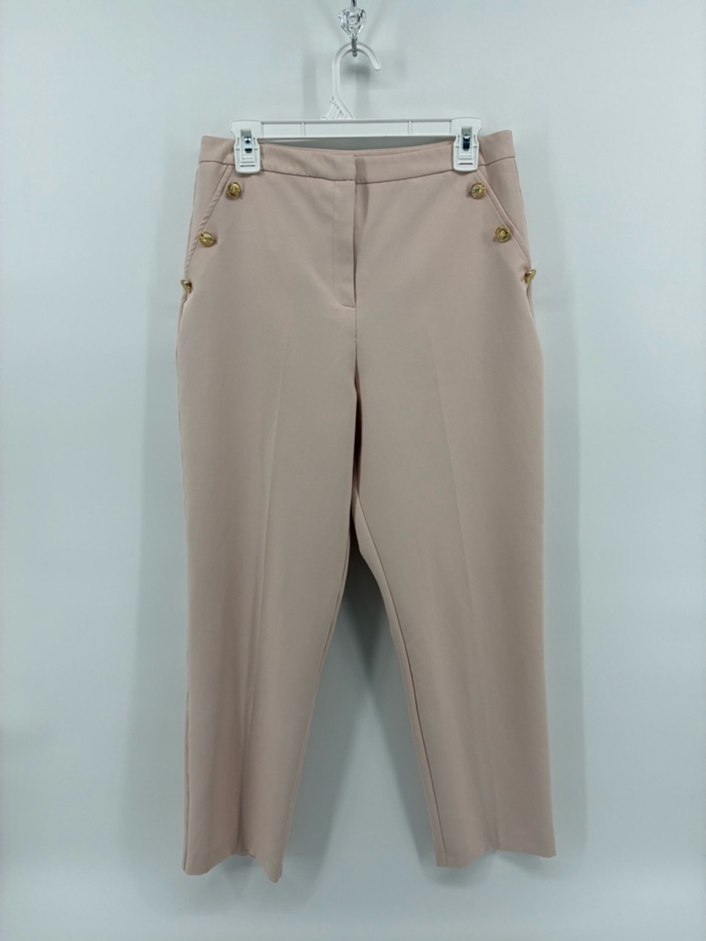 Women's Tailored Cropped Pants with Gold Buttons - Pink Front Crease